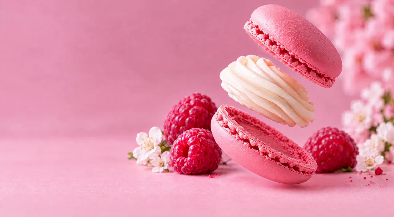 A pink macaron among raspberries and blossoms, in pieces that come together as you scroll